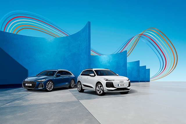 Zwei Audi-SUVs, ein weißes und ein blaues, stehen vor einer modernen, blau gestrichenen Wand mit geschwungenen Formen