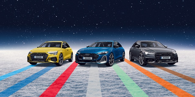 Audi A3, A5 und A6 vor einem winterlichen Hintergrund.