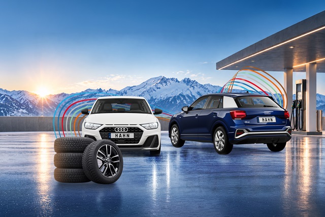 Audi A1 und Q2 vor neben einer Tankstelle vor einer Gebirgslandschaft