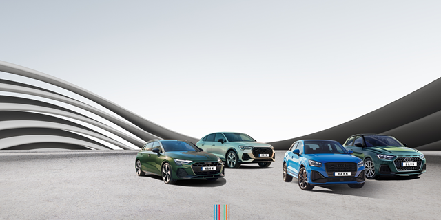 Der Audi A1, A3, Q2 und Q3 nebeneinander und in der Frontansicht.