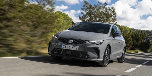 Grauer SEAT Ibiza FR fährt auf einer Landstraße.