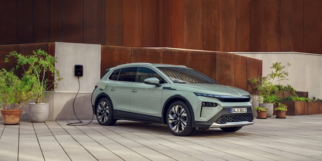 Škoda Elroq in Timiano-Grün an einer Wand mit Ladestation und mehreren Blumentöpfen