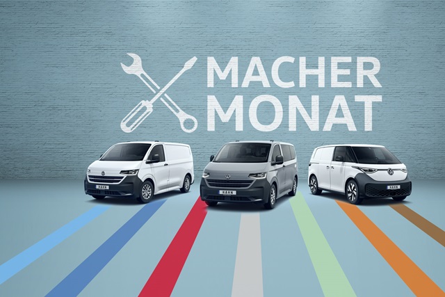 Verschiedene Volkswagen Nutzfahrzeuge Fahrzeuge nebeneinander parkend vor der Headline 