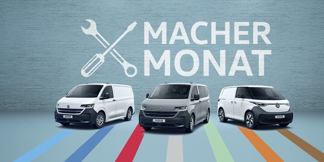 Verschiedene Volkswagen Nutzfahrzeuge Fahrzeuge nebeneinander parkend vor der Headline 
