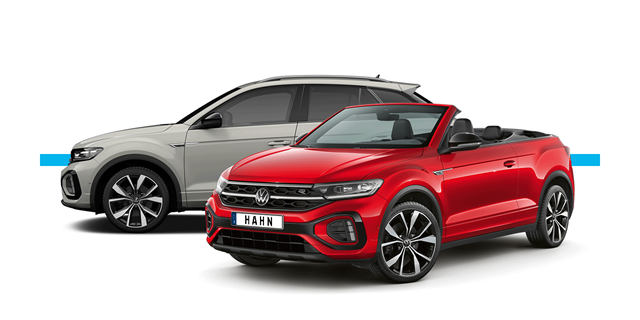 Modellfreisteller des Volkswagen T-Roc und T-Roc Cabriolet in Seitenansicht