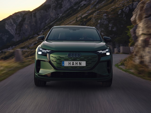 Grüner Audi Q4 e-tron Sportback von vorne auf einer Bergstraße mit Felswänden im Hintergrund.