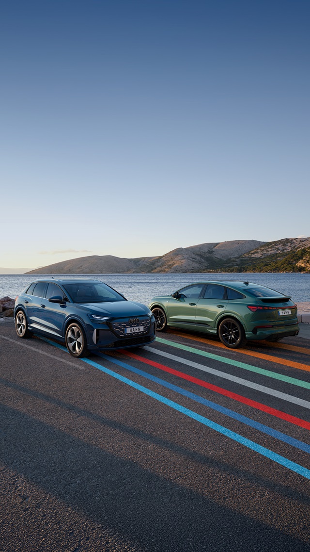 Zwei Audi Q4 e-tron SUV in Blau und Grün stehen nebeneinander auf einer Straße mit farbigen Linien vor einer Küstenlandschaft mit Bergen im Hintergrund