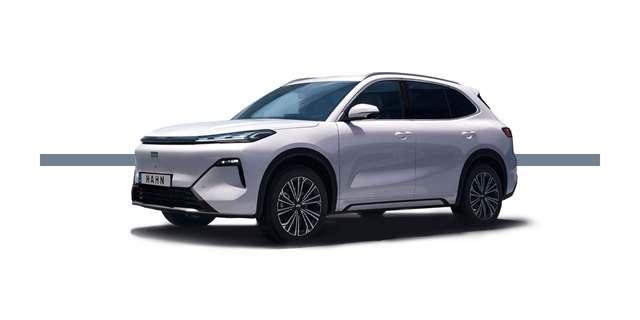 Weiße Seitenansicht des Geely Starray EM-i mit markantem Frontdesign und schwarzen Akzenten am unteren Fahrzeugbereich