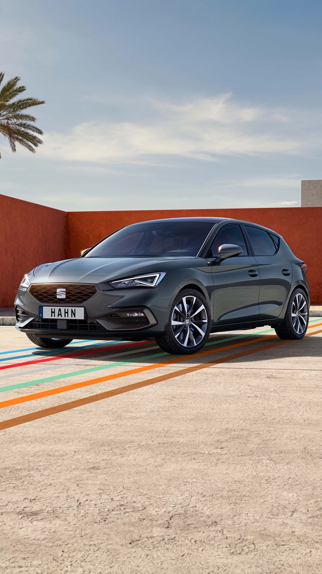 SEAT Leon in grauer Lackierung steht vor einer orangefarbenen Wand mit Palmen im Hintergrund auf einem Parkplatz mit farbigen Linien auf dem Boden