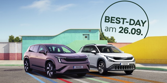 Skoda Peaq und Skoda Epiq mit HANN-Kennzeichen vor farbigen Wänden und dem Text 'BEST-DAY am 26.09.'