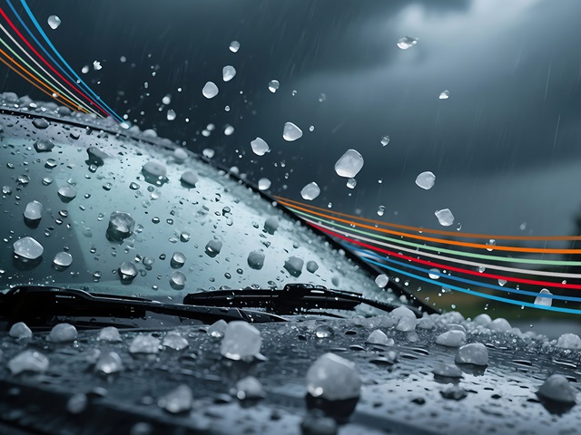 Ein Auto bei einem Unwetter mit großen Hagelkörnern