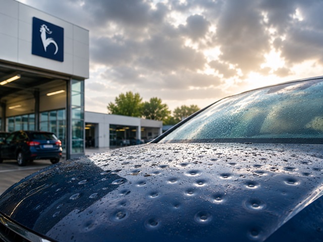 Ein Auto mit Hagelschaden auf der Motorhaube steht vor einer Werkstatt von Hahn Automobile