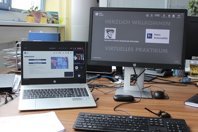 Eindrücke vom virtuellen Praktikum für Schüler der Hermann-Hesse Realschule während der Pandemie. Mitarbeiterinnen und Mitarbeiter sowie Auszubildende der Hahn Gruppe informieren über Ausbildungswege und Berufsbilder.