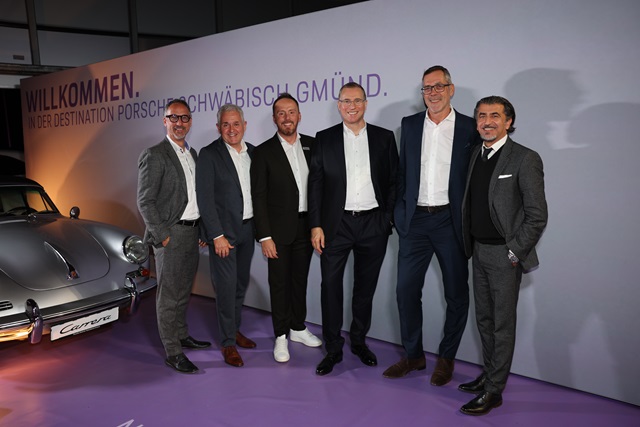 Thomas Illner (COO von Porsche Deutschland), Wilfried Honig (Sprecher der Geschäftsführung der Porsche Zentren der Hahn Gruppe), Adrian Blommer (Geschäftsführer des Porsche Zentrum Schwäbisch Gmünd), Steffen Hahn (Geschäftsführender Gesellschafter der Hahn Gruppe), Klaus Stockhausen (Geschäftsführer der Hahn Automobil-Holding GmbH), Alireza Gordi (Gesamtvertriebsleiter Süd von Porsche Deutschland)